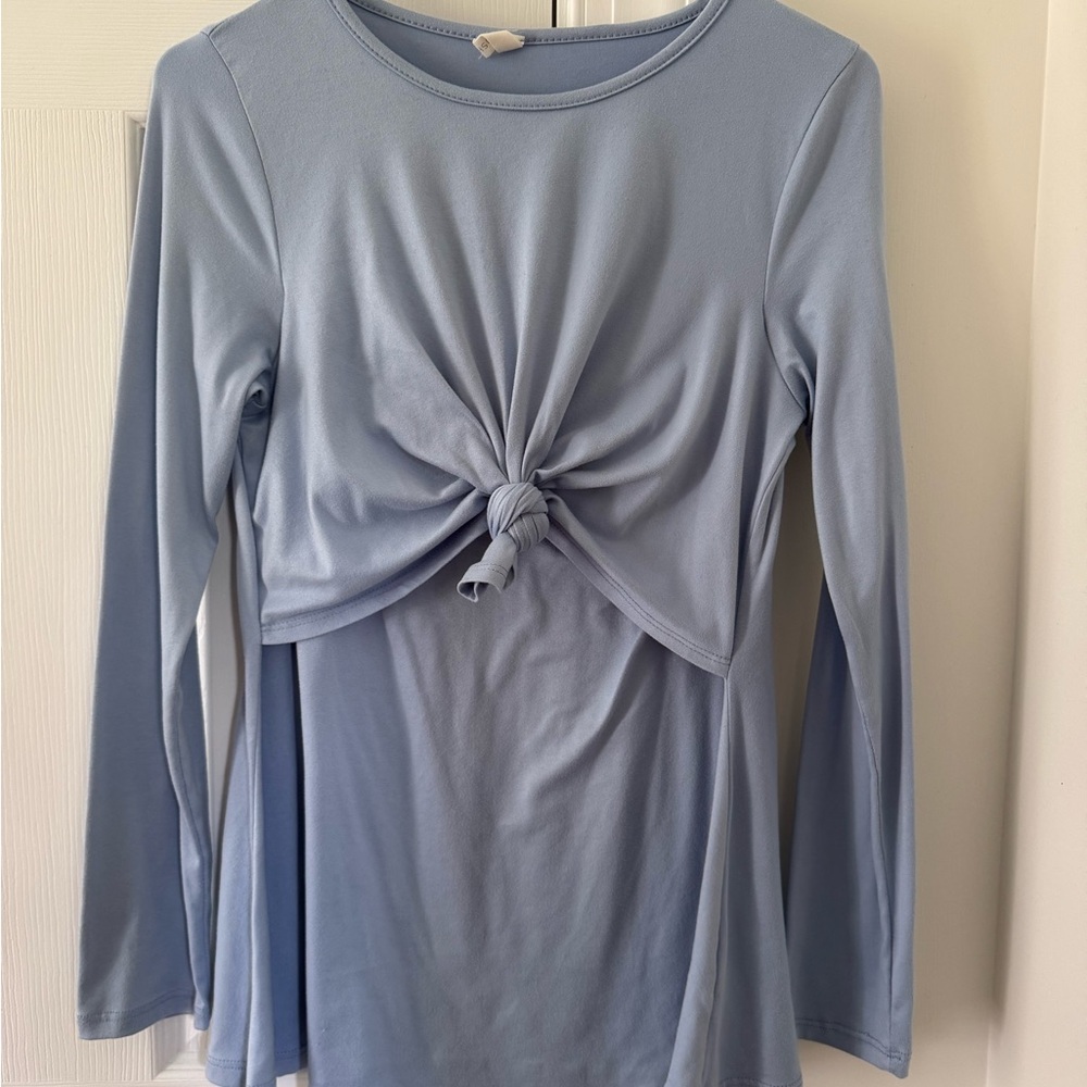 PinkBlush Light Blue Front Knot Long Sleeve Maternity/Nursing Top - Size Sm